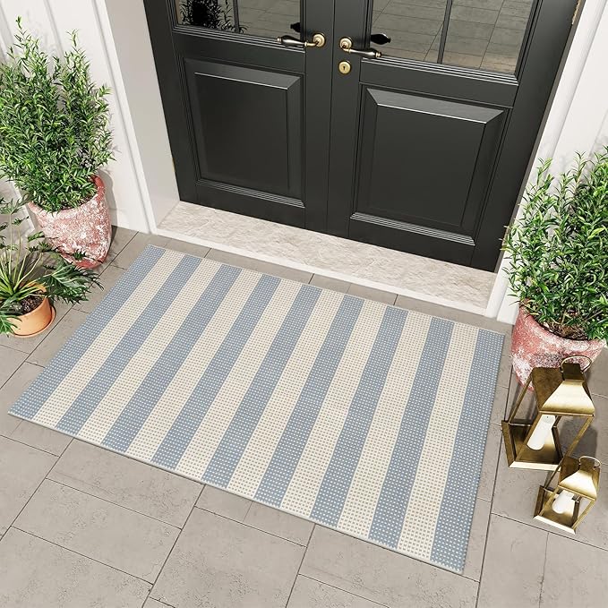 OJIA Outdoor Rugs 3'x5', Welcome Mat for Front Door Mat Outside Entrance | Washable Outdoor Area Rug Entryway Rugs Indoor Front Porch Rug Cotton Small Checkered Rug Carpet for Entry/Patio/Living Room