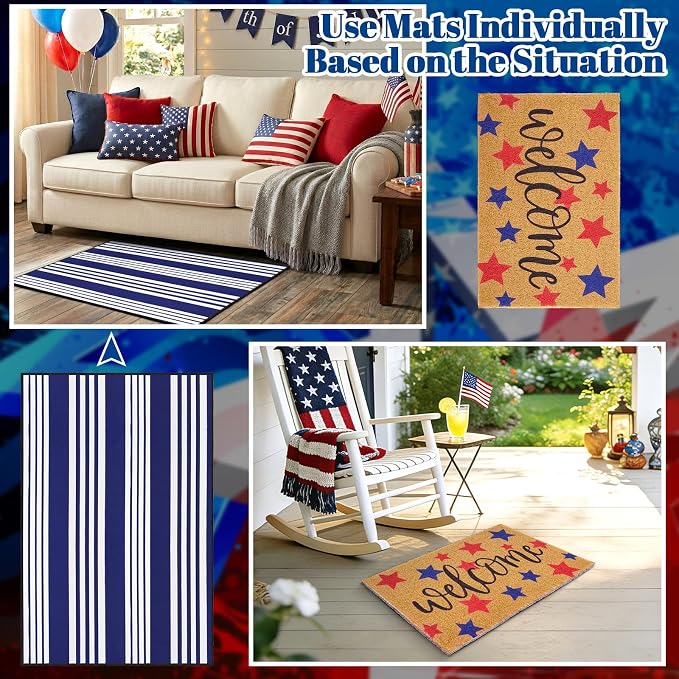 2 Pcs 4th of July Welcome Door Mat Patriotic Star Doormat White Blue Star Door Mats Non-Slip Coir Doormat with Stripes Layered Rug for America 250th Anniversary, Front Porch Entryway Decor