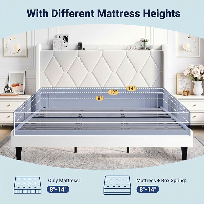 Allewie King Size Bed Frame with Storage Headboard & Charging Station | Diamond Tufted Design & Gold Trim, Velvet Upholstered Platform Bed, No Box Spring Needed, Easy Assembly, Noise-Free, White