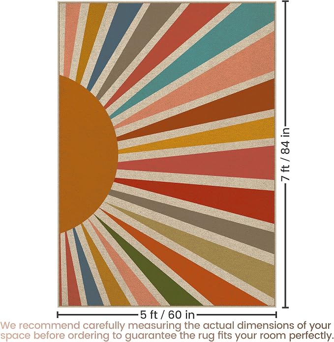 Washable Sun Easy Jute Rug, 5x7 Rainbow Sun Modern Boho Retro Outdoor Indoor Patio Large Area Rugs, Woven Ultra Thin Non Slip Carpet Mat for Living Dining Room Bedroom Classroom Kids Nursery Play Room