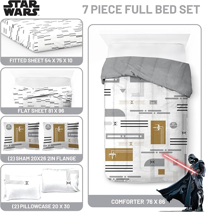 Jay Franco Star Wars Full Comforter Set 7 Piece Soft Modern Bedding, White | Bed in a Bag, Comforter Sheets Shams Pillowcases, Official Product, Soft Microfiber, Machine Washable, Fan Gift
