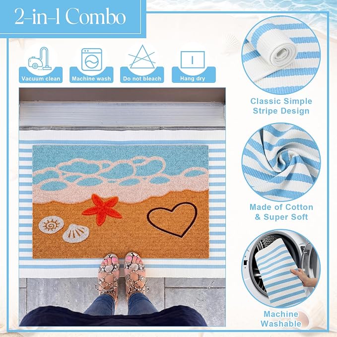2 Pcs Outdoor Door Mat Combo Set Layered Outdoor Rug and Coir Welcome Doormat Non Slip Outside Floor Mat for Front Porch Entryway Patio Yard Decor(Beach Coastal,24'' X 51',18'' X 28'')