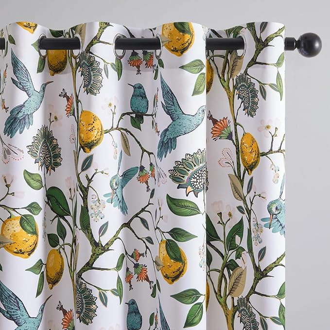 Topfinel 90 Inches Long Custom Window Curtains, Unique Chinoiserie Safari Floral Hummingbird Plant Lemon Patterned Extra Wide Noise Dampening Grommet White Satin Shabby Chic Drapes for Living Room
