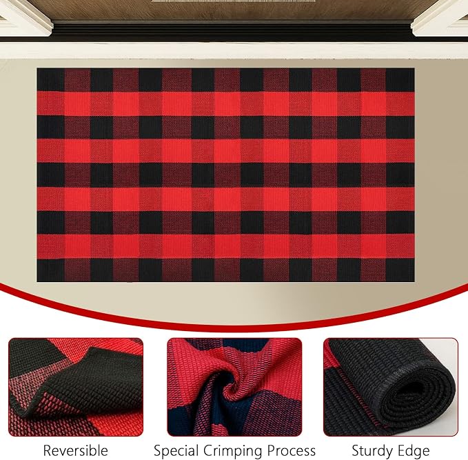 Buffalo Plaid Area Rug, Checkered Rug 27.5x43 Inches, Black and Red Rug, Washable Cotton Mat for Front Porch, Entryway, Kitchen, Living Room, Christmas Decor