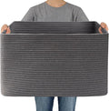 JMvicyroam 65L Large Woven Cotton Rope Blanket Basket, Grey | Blanket storage for living room or bedroom use, Freestanding with reinforced handles, Entire basket is machine washable