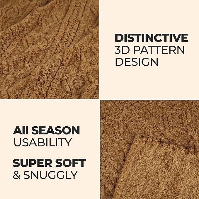 Superior Fleece Boho Jacquard Blanket, Decorative Blankets for Bedroom, Sofa, Fuzzy, Plush, Fluffy, Soft, Cute Room Decor, Beautiful Cover, Comfort Essentials, Arctic Collection, Twin, Camel