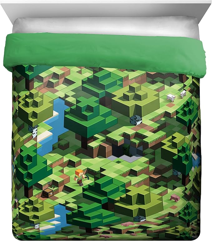 Minecraft Creeper Queen Comforter Set 7 Piece Kids Bedding for Boys, Green | Video Gaming, Bed in a Bag, Comforter Sheets Shams Pillowcases, Official Product, Microfiber, Machine Washable, Boys Gift