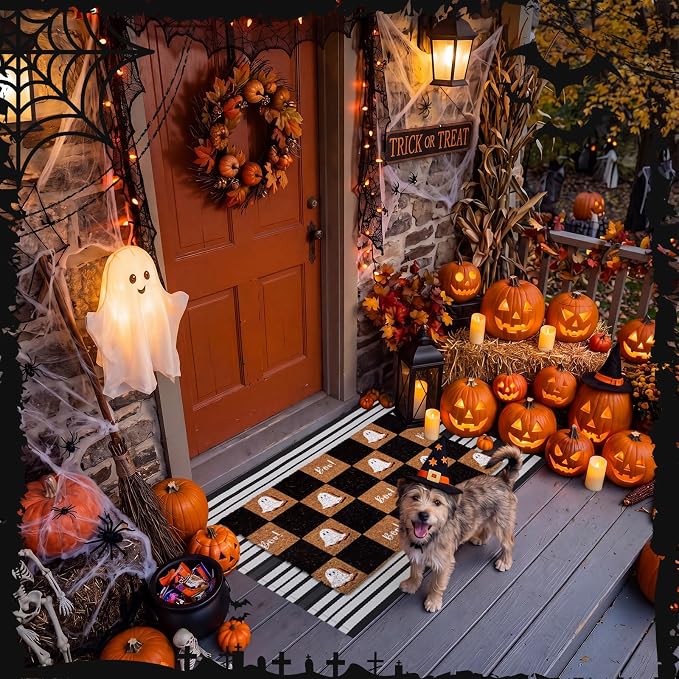 Moucuny 2 Pcs Halloween Coir Doormat Outdoor Boo Ghost Coir Plaid Welcome Mat Layered Black White Striped Outdoor Rugs for Halloween Front Door Porch Porch Entryway Decor,24'' X 35'',16'' X 28''