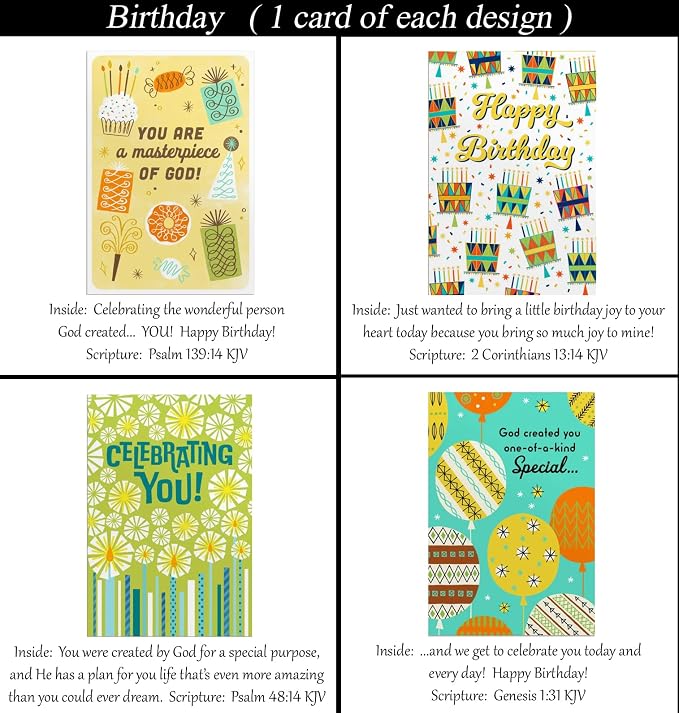 Birthday ~ No Repeated Designs~ 32 Cards and Designs ~ Christian/Religious Greeting Card Assortment #2 ~ Scripture in every card ~ Envelopes Included
