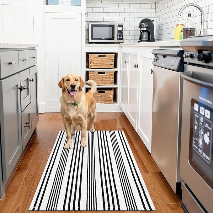 OLANLY Black White Modern Striped Rug 3' x 5' – Washable Cotton Indoor Outdoor Doormat for Front Door, Entryway, Kitchen, Porch, Patio Decor