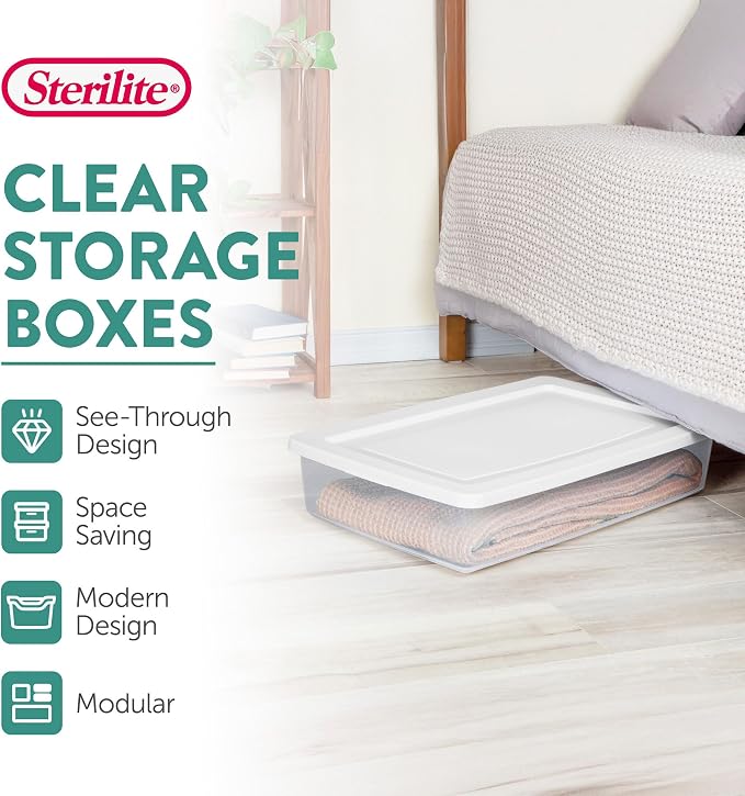 Sterilite 12-Pack 41 Quart Storage Box, Stackable Clear Plastic Bins with Snap-On Lids - Heavy-Duty Organizing Containers for Closet, Bathroom, and Office