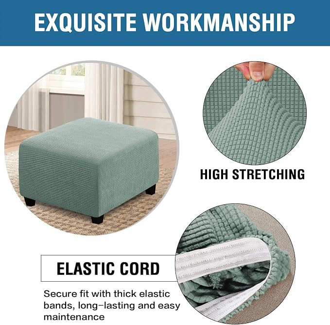 H.VERSAILTEX Square Ottoman Covers Ottoman Slipcovers Folding Storage Stool Furniture Protector Form Fit with Elastic Bottom, Stretch High Spandex Small Checks Jacquard Fabric(Medium,Sage)