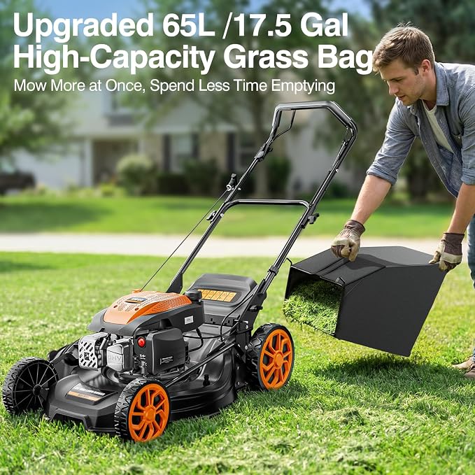 21" Lawn Mower Gas Self Propelled 170CC 4-in-1 Gas Lawnmower with Bag | Mulch/Rear Bag/Side Discharge/Rear Discharge, 7-Position Cutting Height, Foldable Handle for Garden Backyard