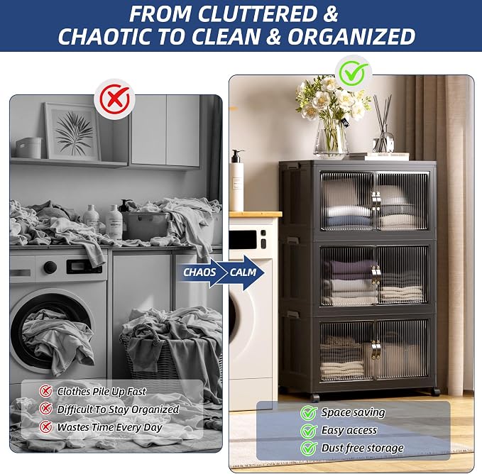 SAILUN 87Gal/348Qt Stackable Storage Bins Folding Collapsible Storage Bins with Lid, Closet Organizers and Storage, Black 26" W x 17" D x 43.7" H