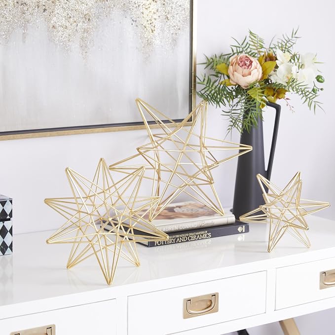 CosmoLiving by Cosmopolitan Metal Star Decorative Sculpture Home Decor Statues, Set of 3 Accent Figurines 12", 9", 7"H, Gold