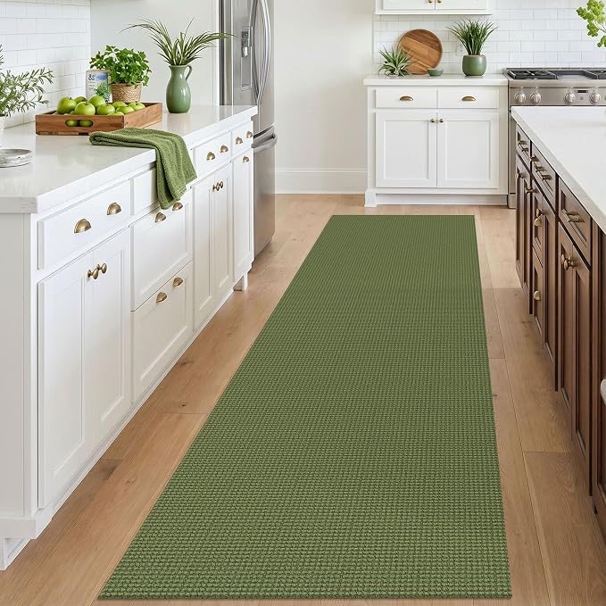 IOHOUZE Washable Runner Rug 3x10 Non Slip Rubber Backed Long Hallway Runner Entryway Runner Indoor, Kitchen Rugs Woven Cotton Floor Carpet for Hall Entrance, Olive Green/Earthy Green