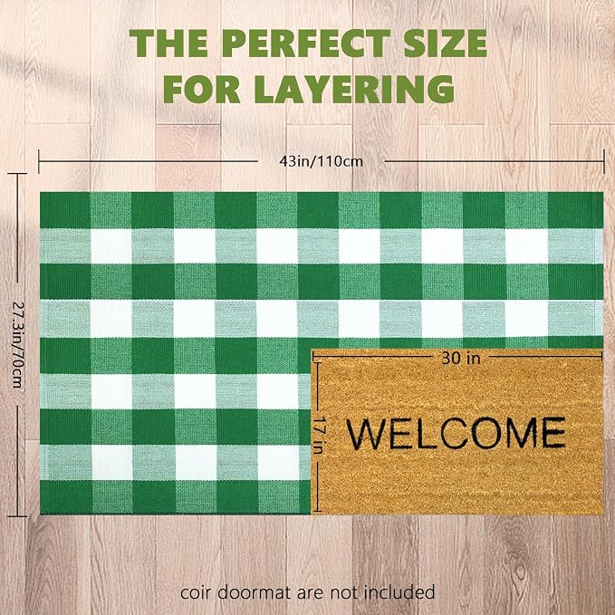 Buffalo Plaid Area Rug, Checkered Rug 27.5x43 Inches, Green and White Rug, Washable Cotton Mat for Front Porch, Entryway, Kitchen, Living Room, Home Decor