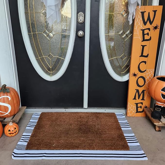 Black and White Striped Outdoor Rug Front Porch Rug 27.5"x43" Cotton Hand-Woven Welcome Mats Layered Door Mats for Front Porch/Entryway/Laundry Room/Bedroom/Outdoor