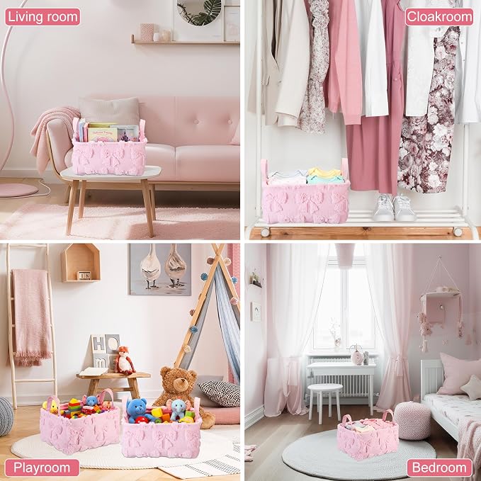 2 Pcs Pink Bow Storage Baskets 14x10'' Back to School Gift Baskets Foldable Fluffy Laundry Storage Bin with Handle Coquette Closet Organizer for Preppy Dormitory Countertop Tabletop Shelf