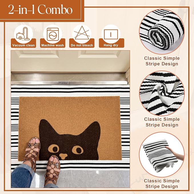 2 Pcs Outdoor Door Mat Combo Set Layered Outdoor Rug and Coir Welcome Doormat Non Slip Outside Floor Mat for Front Porch Entryway Patio Yard Decor(Cat,24'' X 51',18'' X 28'')