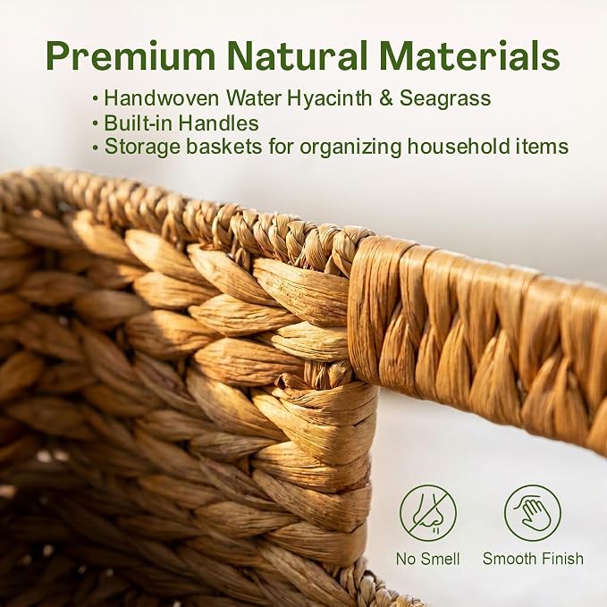 Large Wicker Storage Baskets with Handles, 17 x 11 x 7.5 Inches | Natural Seagrass and Hyacinth, Woven Storage Basket, For Organizing Shelves, Closet, Pantry, Living Room