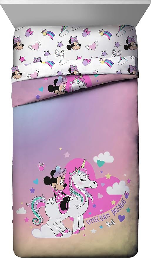 Disney Minnie Mouse Full Size Comforter Set 7 Piece Kids Bedding, Pink | Unicorn, Comforter Sheets Shams Pillowcases, Official Product, Soft Microfiber, Machine Washable, Girls Gift