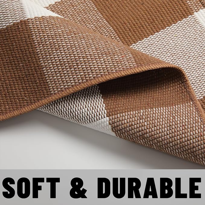 Buffalo Plaid Outdoor Rug 3x5 Ft Coffee and White Checkered Area Rug Washable Fall Doormats Indoor Outdoor Rugs for Layered Front Door Mats, Porch, Entryway, Kitchen, Farmhouse