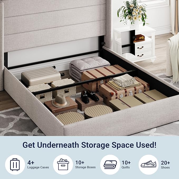 Allewie Queen Size Lift Up Hydraulic Storage Bed Frame Light Beige | Modern Wingback Headboard, Hydraulic Support Storage, No Box Spring Needed
