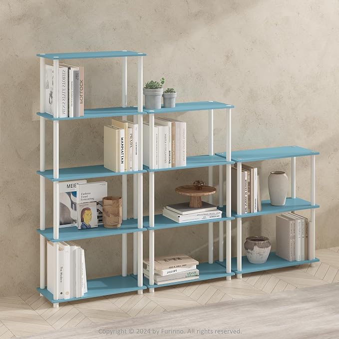 Furinno Turn-N-Tube Book Shelf, 5-Tier Bookshelf, Bookcase with Multipurpose Compact Display Rack, 11.6 x 23.6 x 57.4, for Living Room, Bedroom, Home Office, Light Blue/White