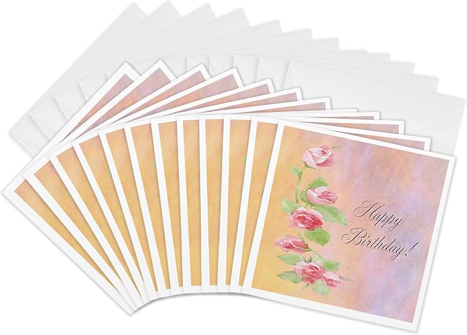 3dRose Painted Pink Roses Happy Birthday - Greeting Cards, 6 x 6 inches, set of 12 (gc_18889_2)