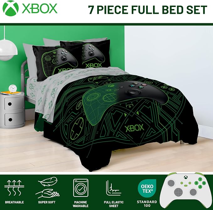 Jay Franco Kids Comforter Set Includes Sheets and Pillow Covers - Soft and Cozy Bed Set for Stylish Room Decor, Official Licensed Product, White - Xbox, 7 Piece Full