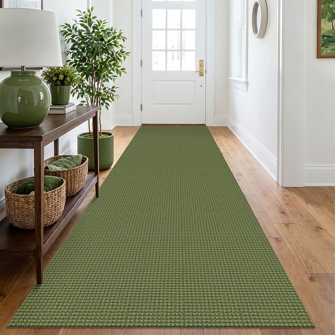 IOHOUZE Washable Runner Rug 3x10 Non Slip Rubber Backed Long Hallway Runner Entryway Runner Indoor, Kitchen Rugs Woven Cotton Floor Carpet for Hall Entrance, Olive Green/Earthy Green
