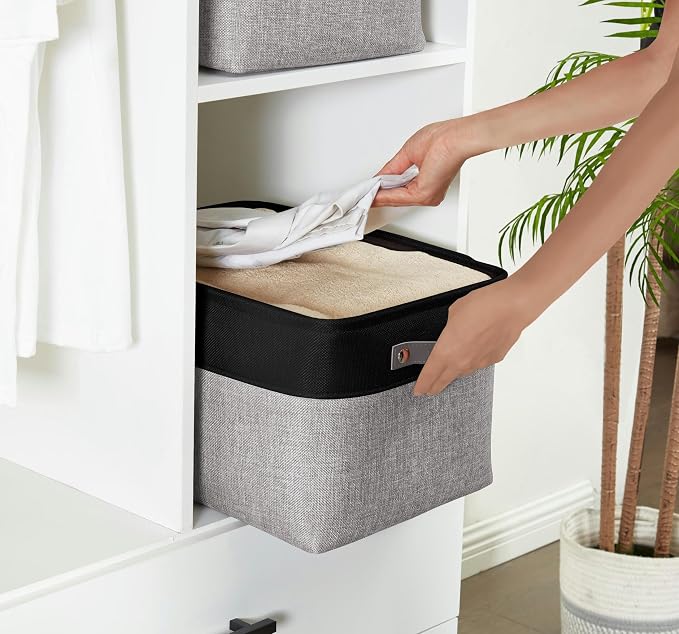 DECOMOMO Storage Bins, Large Fabric Storage Baskets for Shelves 3 Pack | 15 x 11 x 9.5 inches Decorative Linen Closet Organizers (Grey & Black)