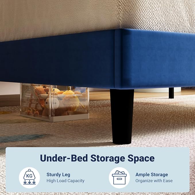 Allewie Twin Size Platform Bed Frame with Adjustable Headboard | Plush Velvet Upholstered, Vertical Channel Tufted, Sturdy Wood Slats, No Box Spring Needed, Easy Assembly, Blue