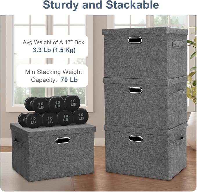 Graciadeco Large 17" 36 Quart Collapsible Stackable Storage Bins with Lids, 1 Pack Grey Foldable Fabric Closet Storage Boxes with Lids, 4 Handles Heavy-duty Linen Cube Baskets for Bedroom | 36 Quart 1 Pack Gray1 Collapsible Stackable Linen Fabric 4 Han...