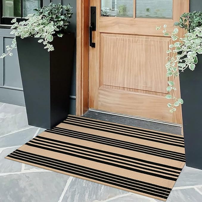 OJIA Front Door Mat 24"x35" Washable Front Porch Rug Outdoor Doormat Decor | Black and Tan Entry Rug Indoor Outdoor Rugs Doormat Cotton Woven Striped Small Area Rugs for Porch/Farmhouse/Home Entrance