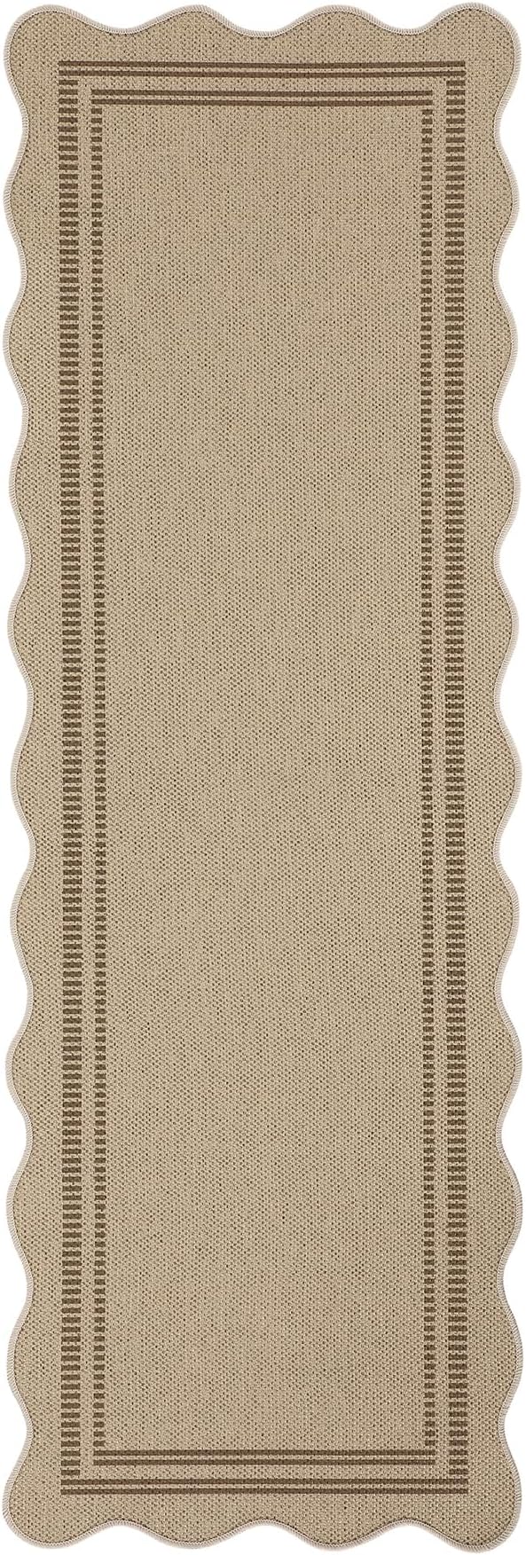 Tribesigns Scalloped Easy Jute 2x6 Kitchen Runner Rugs Non Skid Washable, Tan/Striped Low Pile Runners for Hallways, Farmhouse Indoor Outdoor Carpet for Laundry Porch Entryway