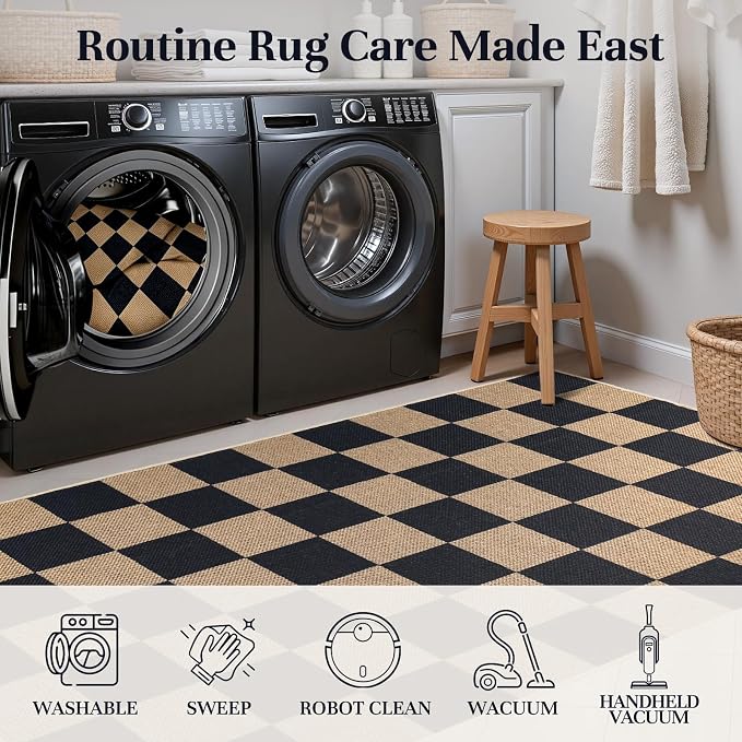EDIMENS 3x5 Outdoor Rugs Checkered Easy Jute Front Door Mat Entryway Rug | Black Washable Non Slip Indoor Outdoor Rug Farmhouse Neutral Living Room Carpet for Backyard Porch Balcony Patio