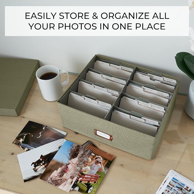ZICOTO Decorative Photo Storage Box - Sturdy Linen Photo Organizer with Dividers is Perfect to Store Up to 1700 Pictures and 4x6 Photos - Portable Scrapbook Storage Containers with Lid