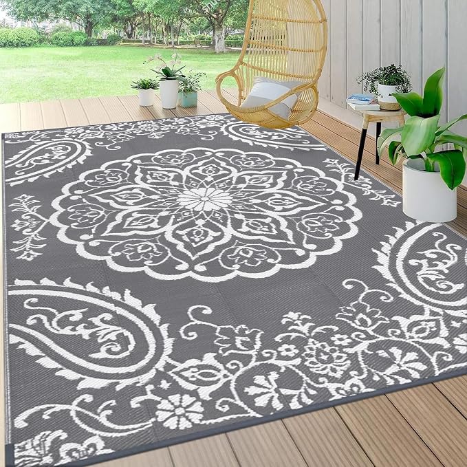 Pauwer Outdoor Rug 6x9, Waterproof Plastic Straw Camping Rug, Boho Grey | Reversible Patio Rug, UV Resistant Indoor Outdoor RV Mat Carpet For Deck, Camper, Porch, Balcony, Backyard, Picnic, Foldable