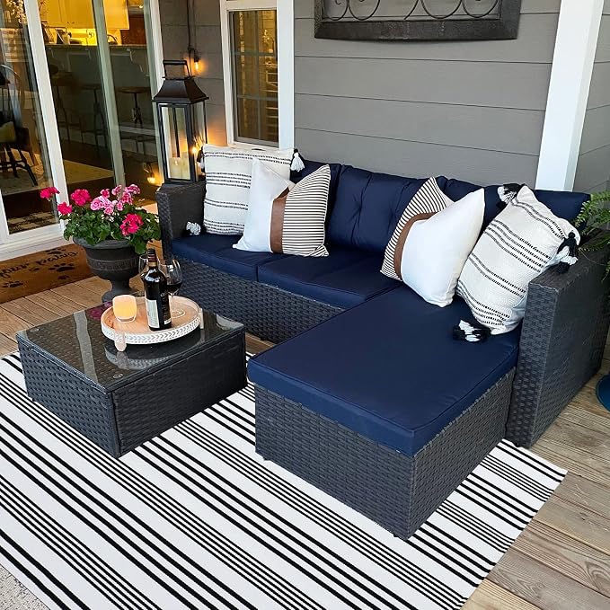 Black and White Striped Outdoor Rug 4' X 6' Front Porch Rug Cotton Hand-Woven Welcome Mats Layered Door Mats for Front Porch/Entryway/Laundry Room/Bedroom/Outdoor