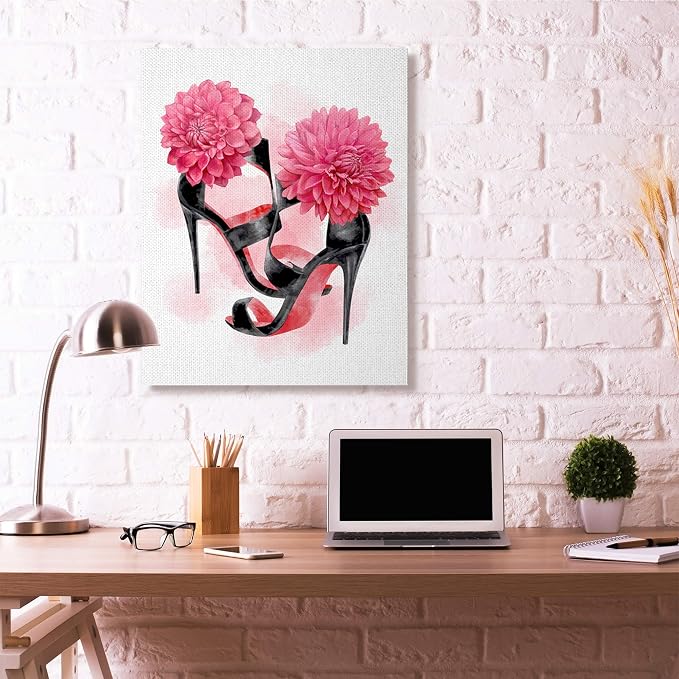 Stupell Industries Pink High Heel Glam Fashion Flower Painting Canvas Wall Art, 36 x 48, Multi-Color
