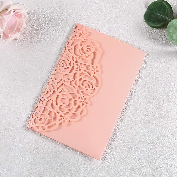 50PCS Personalized Pink Quinceanera Invitations with Envelopes | 4.7x7 inch, Laser Cut Hollow Rose Pocket, Invitation Cards for Miss XV, Sweet 16, 18th Birthday, Quince Invite