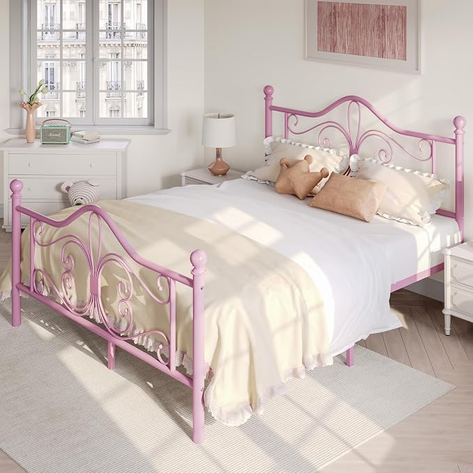 SHA CERLIN Queen Size Metal Bed Frame with Butterfly Headboard, Pink | Metal Platform Bed for Kids, Wrought Iron-Art Headboard/Footboard, Under-Bed Storage, No Box Spring Needed, Easy Assembly