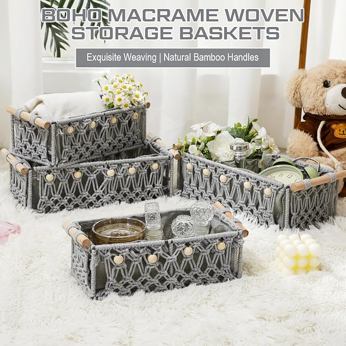 Vesici 4 Pcs Grey Macrame Storage Basket for Shelves 13 in 11 in Boho Storage Basket Hand Woven Boxes with Wood Handles Beads Decorative Countertop Toilet Tank Cabinet Organizer for Home Room Decor