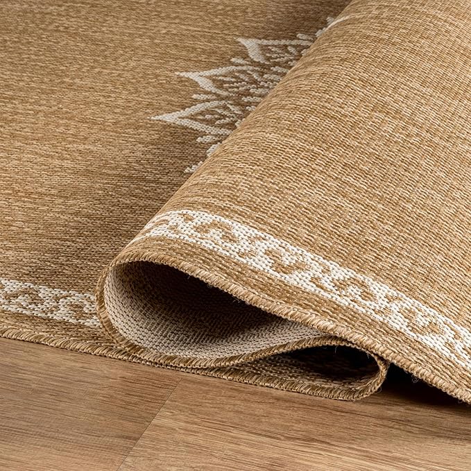 CAMILSON Outdoor Rug 9x12 Medallion Natural Modern Large Area Rugs for Indoor and Outdoor Patios Kitchen and Hallway Mats Washable Porch Deck Outside Carpet (Medallion Natural 9 x 12)
