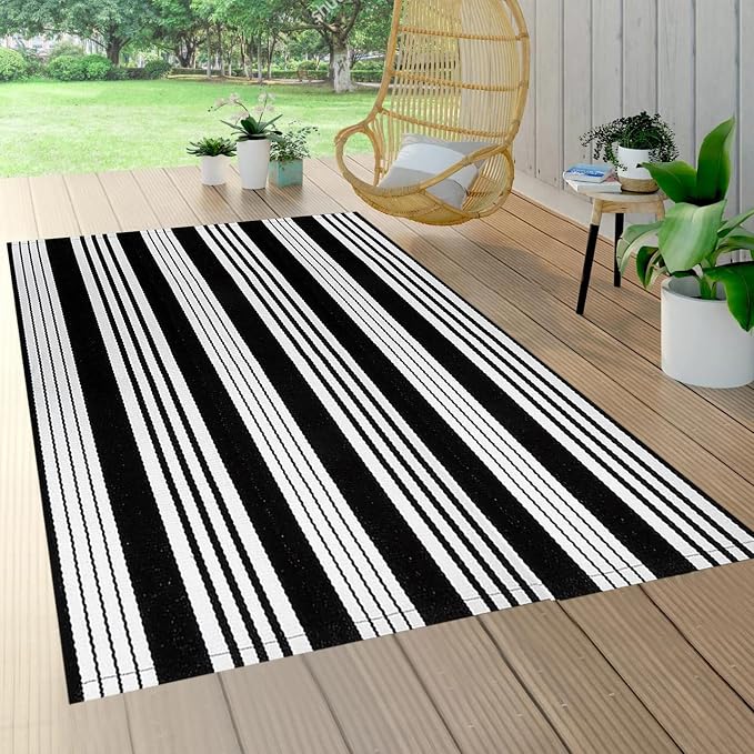 BUAGETUP Black and White Striped Outdoor Patio Rug 4' x 6',Hand Woven Cotton Patio Rug Front Porch Rug Indoor Outdoor Area Rug for Bedroom/Living/Room/Patio