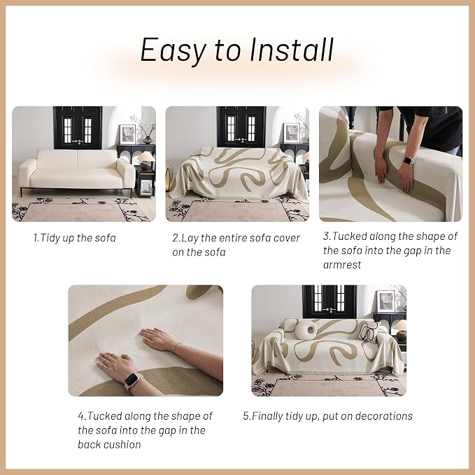 MYSKY HOME Couch Cover for 3 Cushion Sofa, Super Soft Boho Couch Covers for Dogs Washable, Jacquard Slipcover Furniture Protector for Living Room, 91" x 118", Khaki Curve