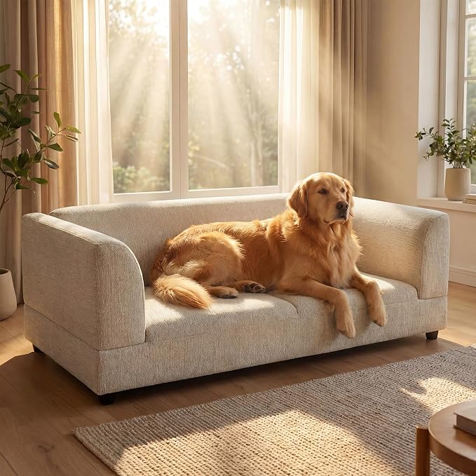 Oversized Dog Sofa Couch for Medium and Large Dogs with Backrest and Armrest, 56.5" Memory Foam Dog Sofa Bed, Modern Elevated Pet Couch Bed with Legs, Beige