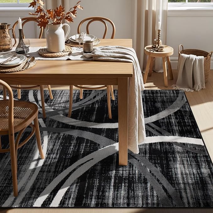 Rugshop Wavy Circles Modern Fade-Resistant Area Rug Black 6'6" x 9' | High Traffic,Fade Resistant, Living Room, Bedroom, Dining Room, Home Office, Kitchen, Entryway, Hallway, Nursery,Basement
